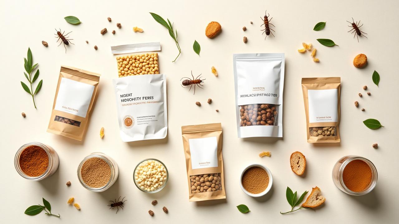 モтылек Ностальгииの食用昆虫スナック、プロテインバー、パウダーの美しいフラットレイ