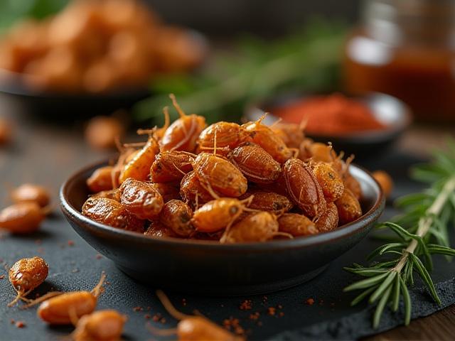 ホールロースト・クリケットのパッケージと、そのままおつまみとして盛り付けられたコオロギ