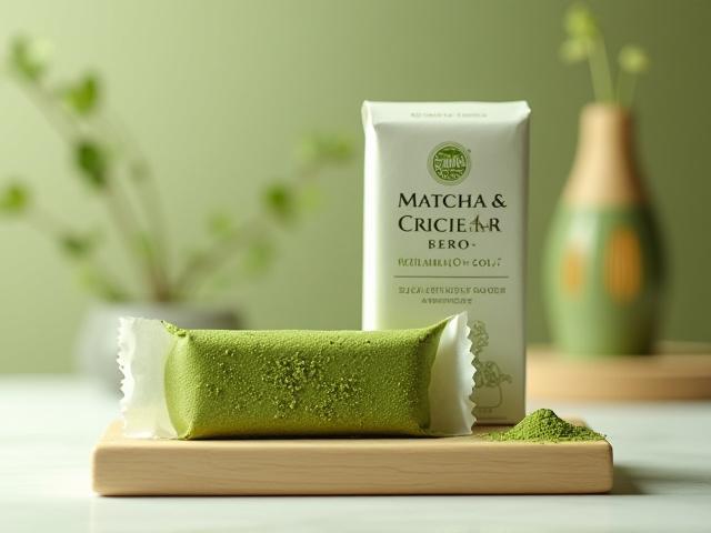 抹茶＆クリケットバーのパッケージと豊かな緑色のバーのクローズアップ