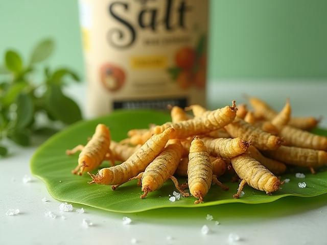 ハーブ＆ソルトグラスホッパーのパッケージとハーブをまぶしたバッタのクローズアップ