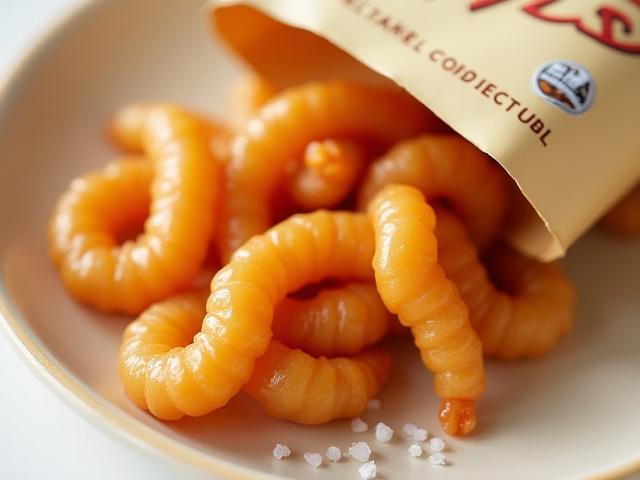 塩キャラメルミールワームのスナックが入ったパッケージと光沢のあるキャラメルがけミールワームのクローズアップ