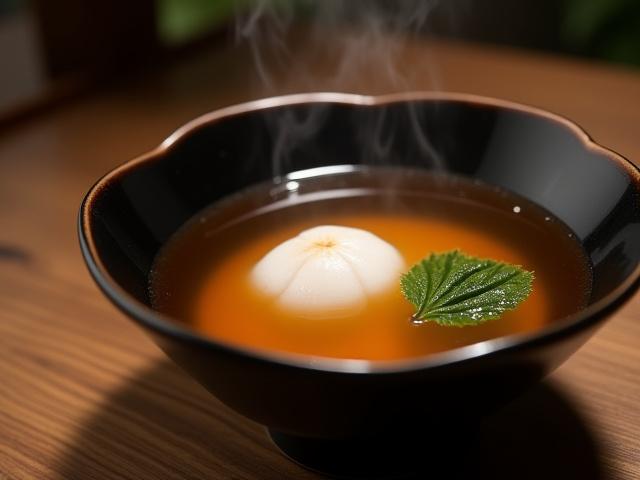 琥珀色の澄んだコオロギ出汁が湯気を立てるお吸い物。繊細な日本料理