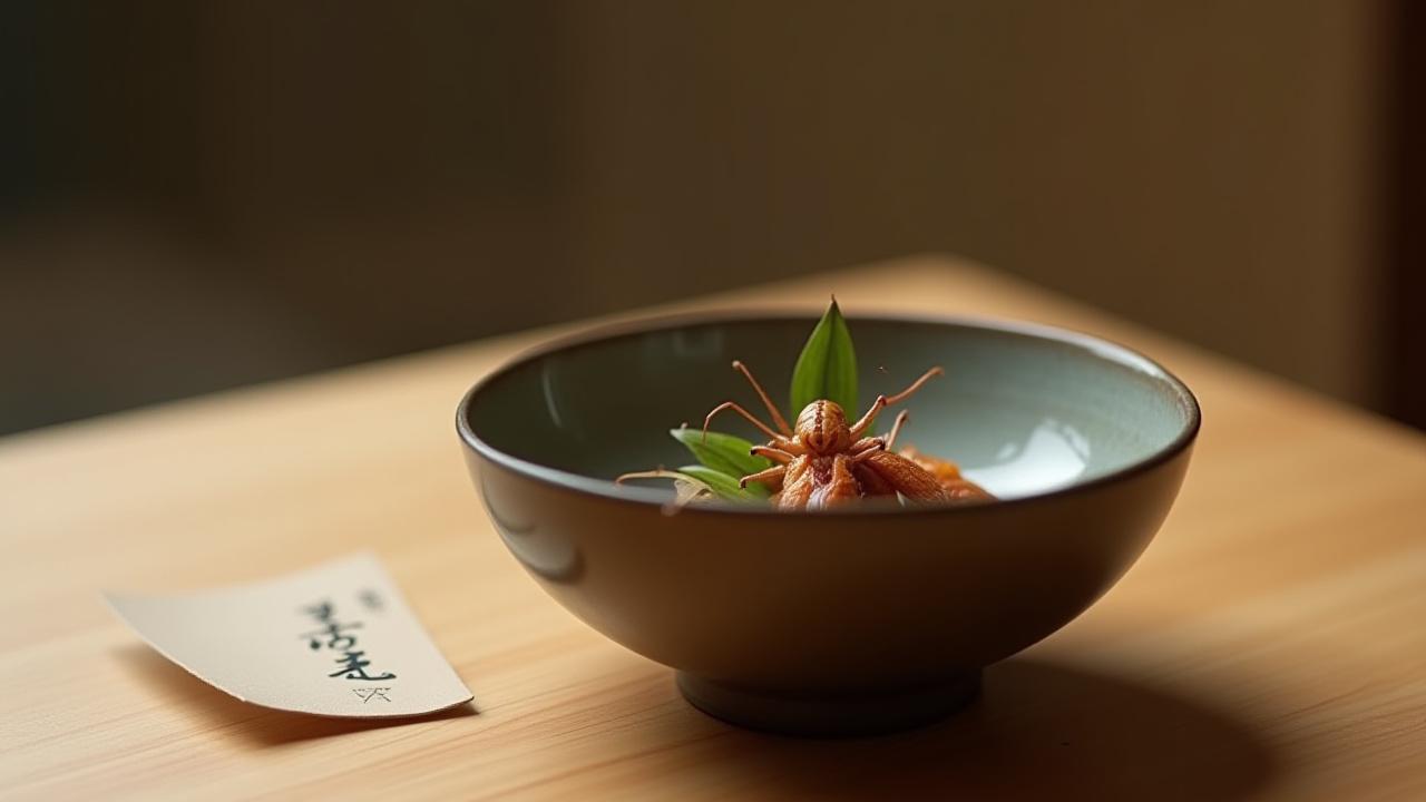 日本の伝統的な陶器の椀に入った、現代風に美しく盛り付けられた佃煮風のコオロギ料理と、書道で書かれた社名「モтыlek Ностальгии」