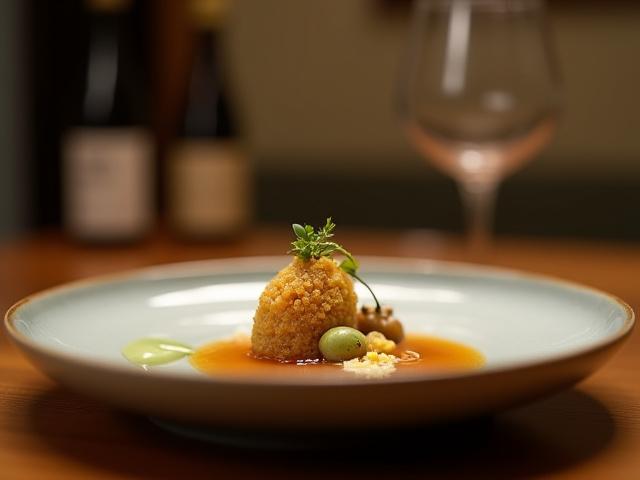 モダンな日本のダイニングで、昆虫食を用いた高級懐石料理のディテールが美しいカラー写真