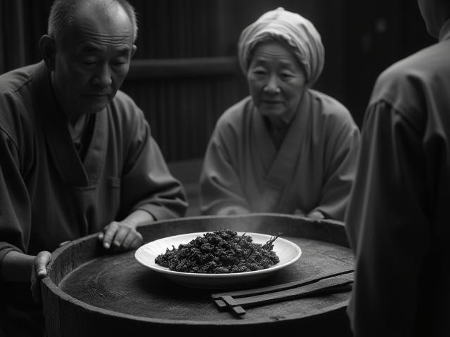 長野の農家が囲炉裏を囲み、いなごの佃煮を食す古い白黒写真。歴史的な食事のシーン