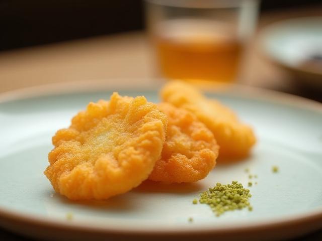 美しく盛り付けられた蚕の蛹のフリット。山椒塩が添えられ、日本酒が隣に置かれている