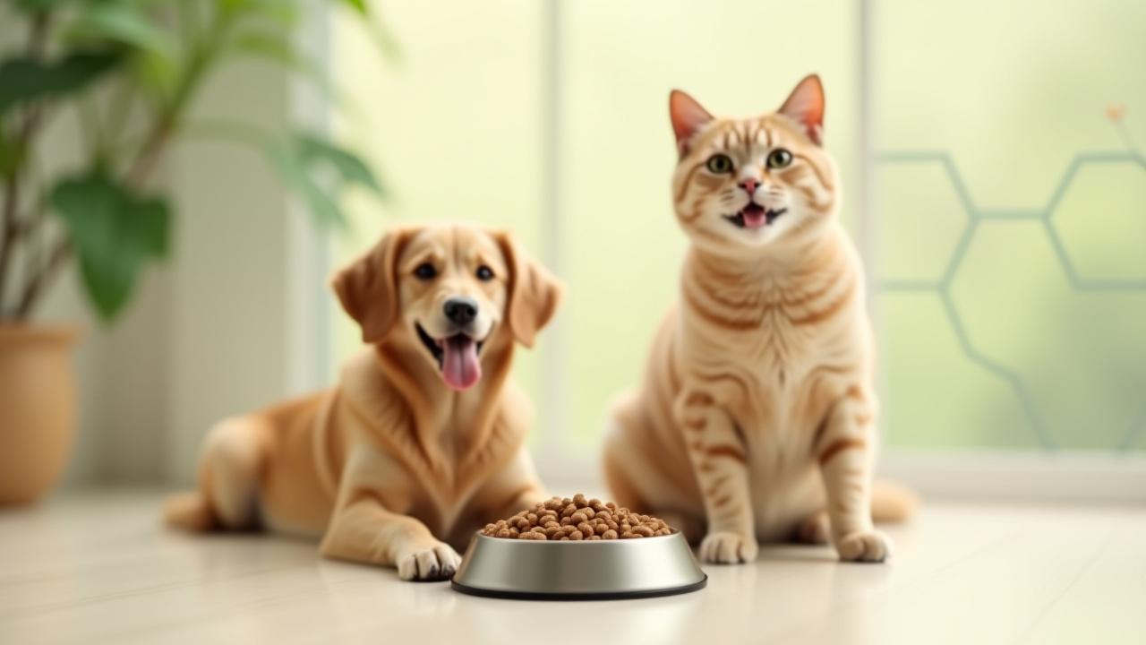 Healthy dog and cat next to pet food bowl, indicating insect protein
