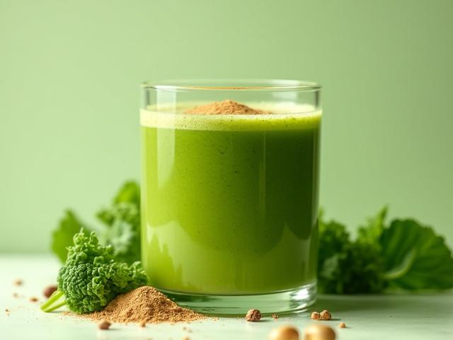 新鮮な果物と混ざり合う昆虫パウダー入りのスムージー。グラスから溢れる緑と健康的なイメージ。