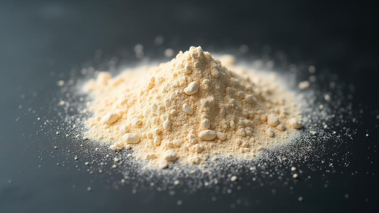 黒いスレートの上に広がるなめらかな質感の明るい色の昆虫プロテインパウダーのクローズアップ