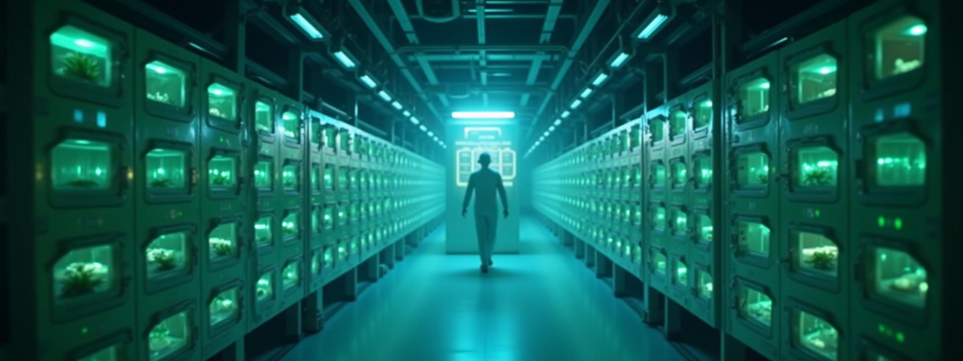 スマート昆虫養殖施設の未来的な内部。IoTセンサーが配置され、自動化されたシステムが稼働している様子。